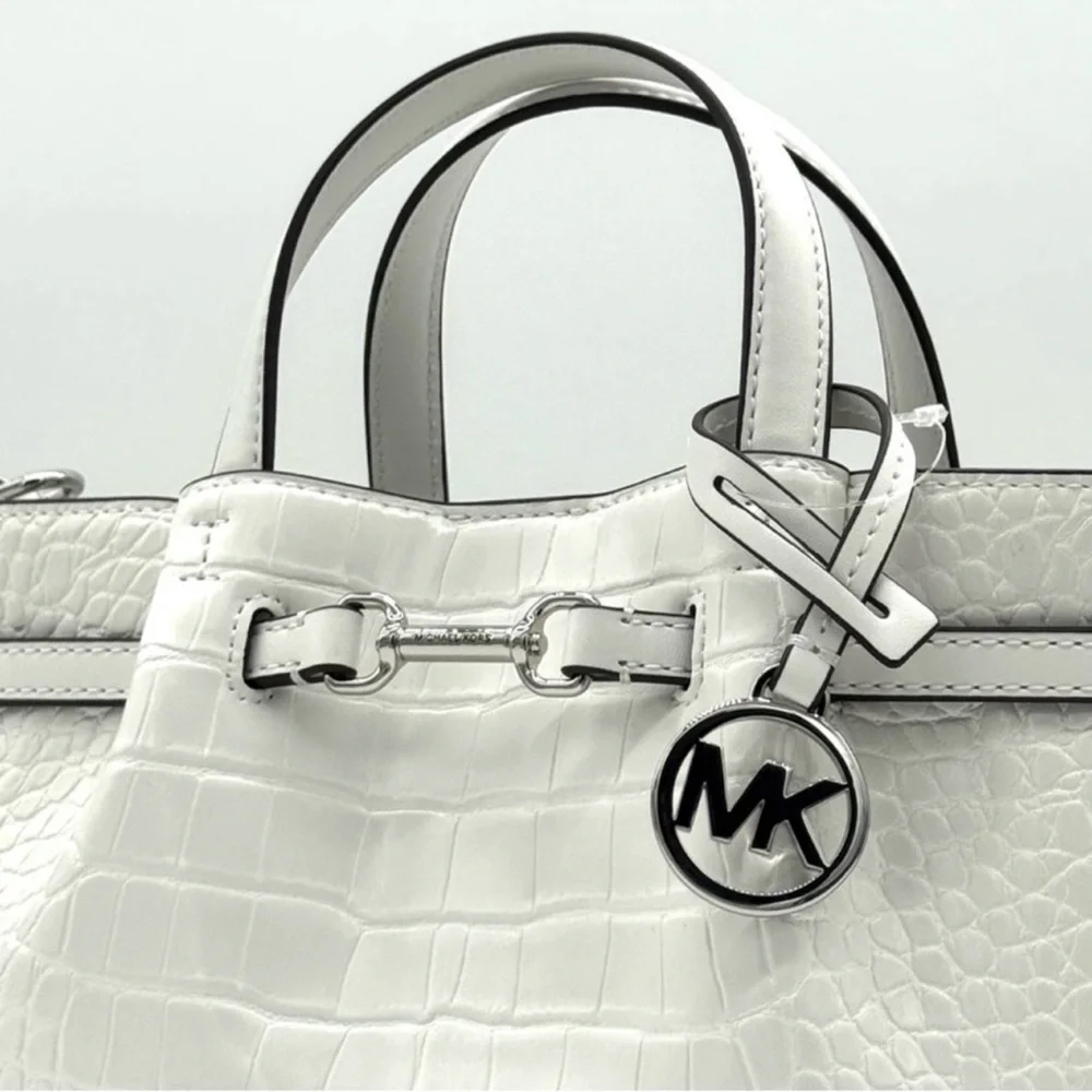 Michael Kors Carson Small Crocodile Embossed Satchel Bag Optic White